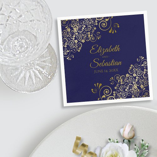 Ornate Gold Filigree Elegant Navy Blue Wedding Napkins