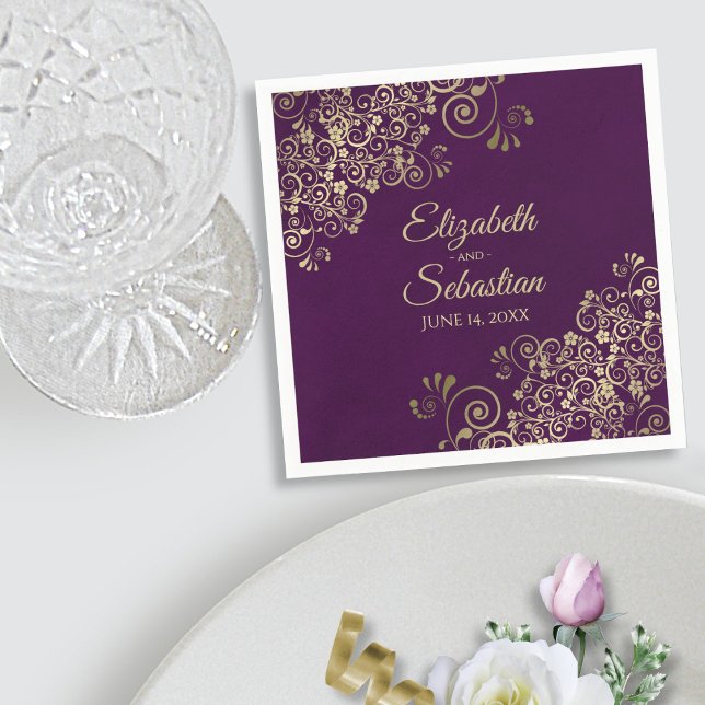 Ornate Gold Filigree Elegant Plum Purple Wedding Napkins (In Situ with Plate)