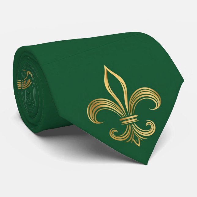 Ornate Gold Fleur-de-lis Mardi Gras Green Carnival Neck Tie (Rolled)