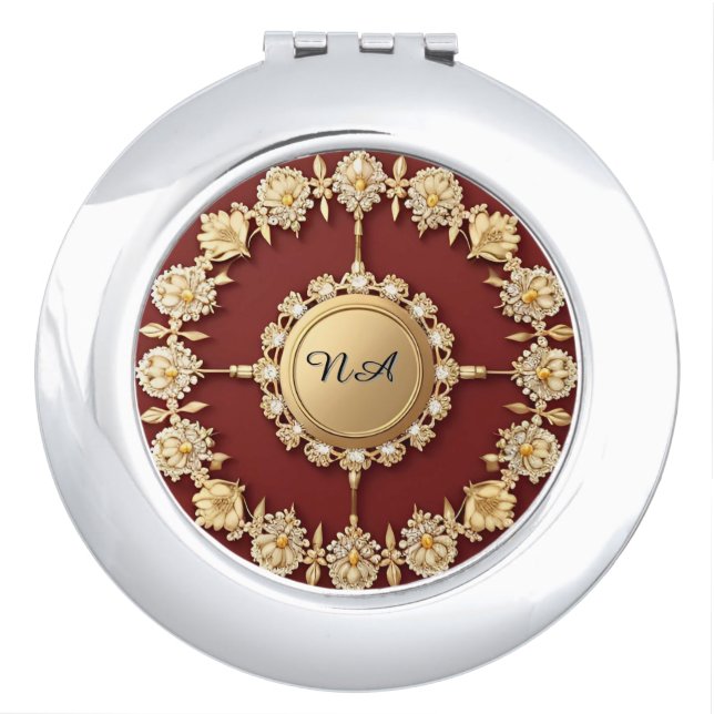 Ornate Gold Floral Design Compact Mirror (Front)