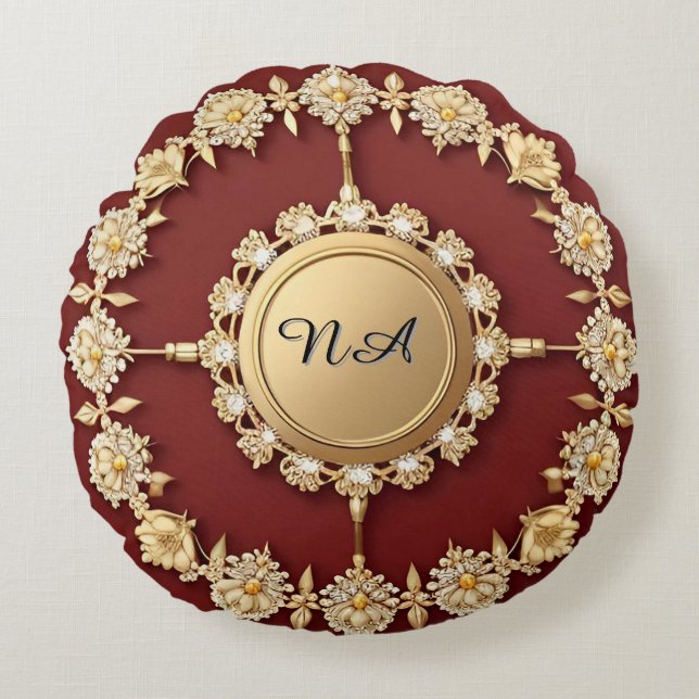 Ornate Gold Floral Design Round Pillow (Front)