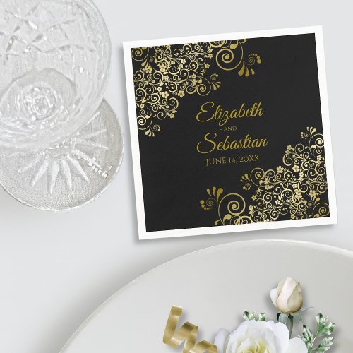 Ornate Gold Floral Filigree Elegant Black Wedding Napkins