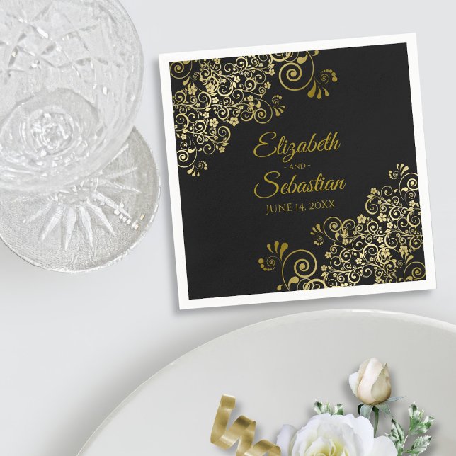 Ornate Gold Floral Filigree Elegant Black Wedding Napkins (In Situ with Plate)