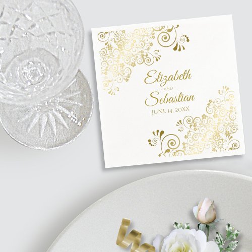 Ornate Gold Floral Filigree Elegant White Wedding Napkins