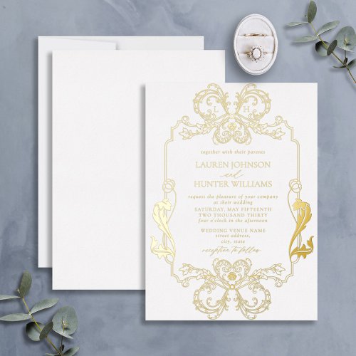 Ornate Gold Floral Line Art Monogram Wedding Foil  Foil Invitation