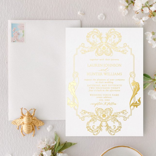 Ornate Gold Floral Line Art Monogram Wedding Foil  Invitation (Creator Uploaded)