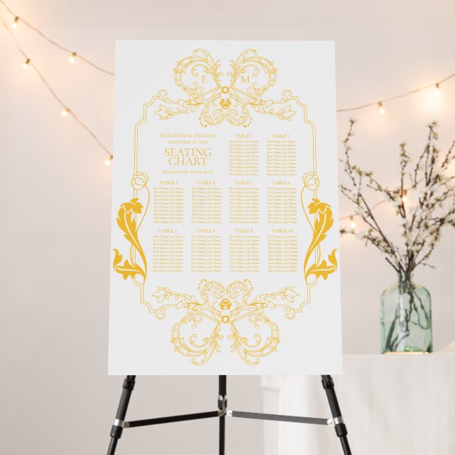 Ornate Gold Floral Monogram Wedding Seating Chart Foam Board (In Situ (Stand))