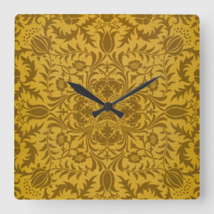 Ornate gold floral pattern with symmetrical square wall clock
