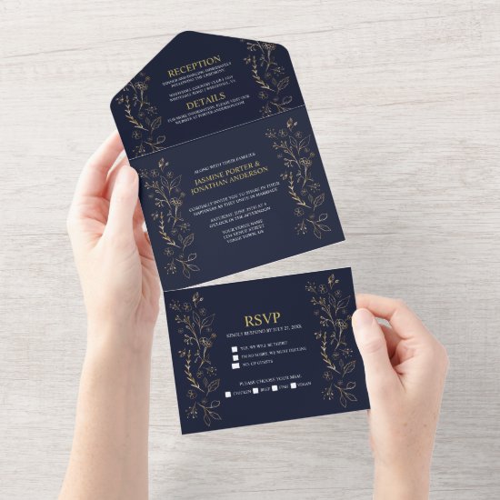 Ornate Gold Floral Swirls on Navy Blue Wedding | A All In One Invitation