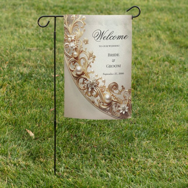 Ornate Gold Flourish Garden Flag (In SItu)