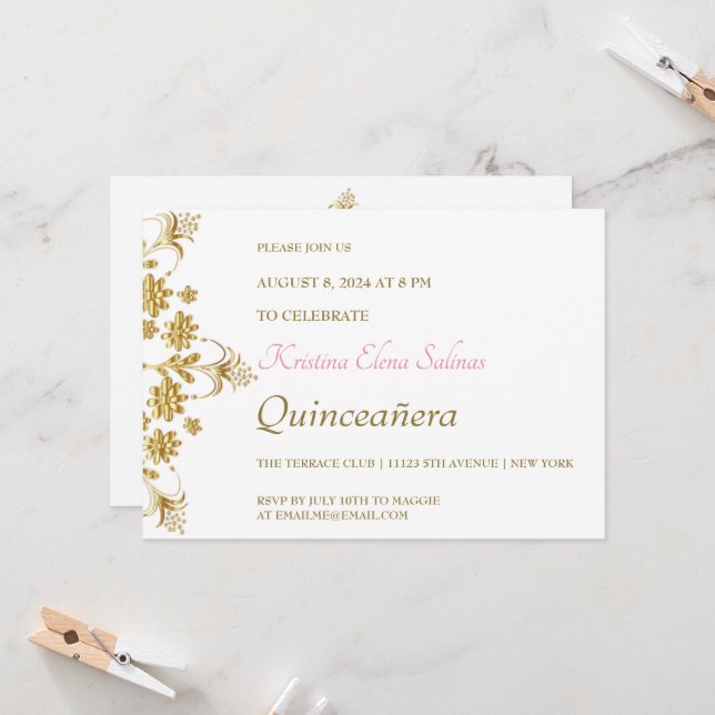 Ornate Gold Flowers Party Invitation (Front/Back In Situ)