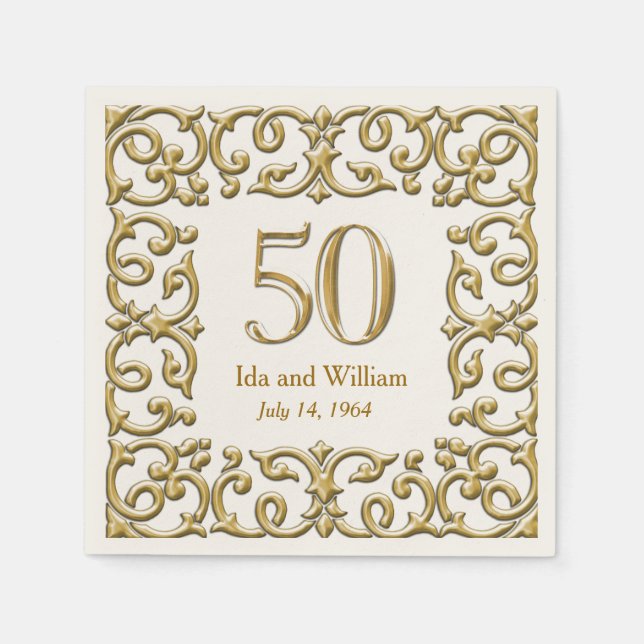 Ornate Gold Frame 50th Anniversary Napkins (Front)