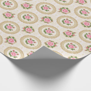 Ornate Gold Frame and Pink Roses Wrapping Paper