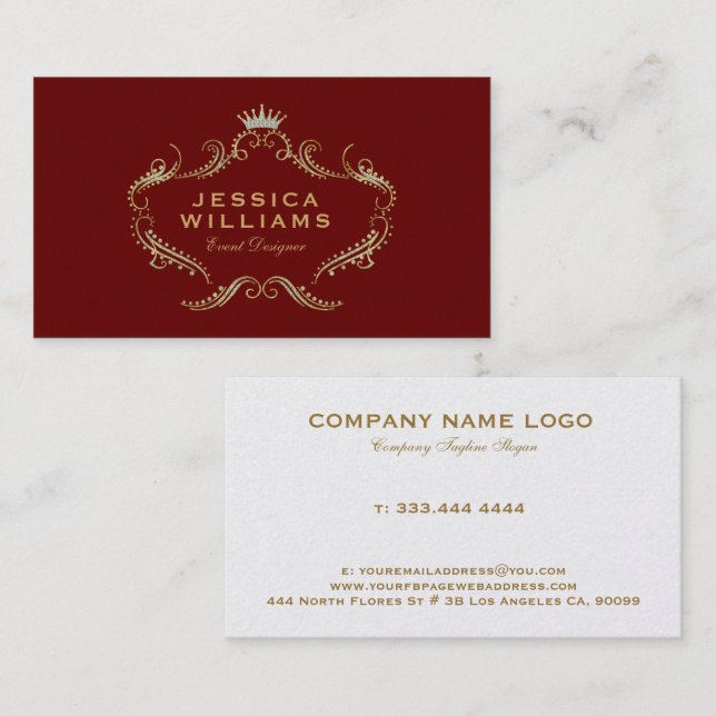 Ornate gold frame, dark red and white background business card (Front/Back)