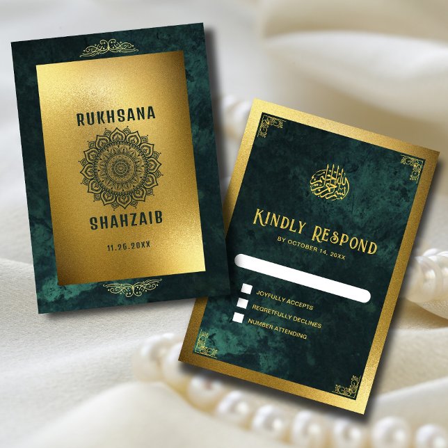 Ornate Gold Frame & Emerald Green Muslim Wedding RSVP Card (Creator Uploaded)