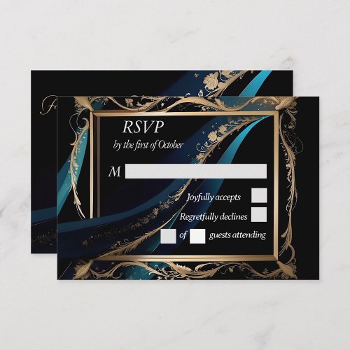 Ornate gold frame teal blue black wedding  RSVP card