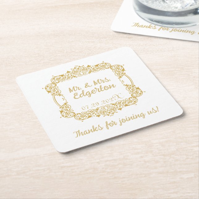 Ornate Gold Frame Wedding Personalized Square Paper Coaster (Angled)