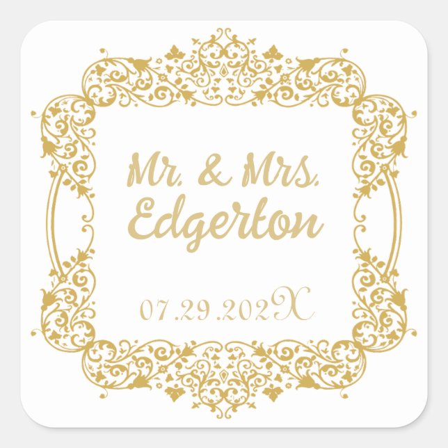 Ornate Gold Frame Wedding Square Square Sticker (Front)