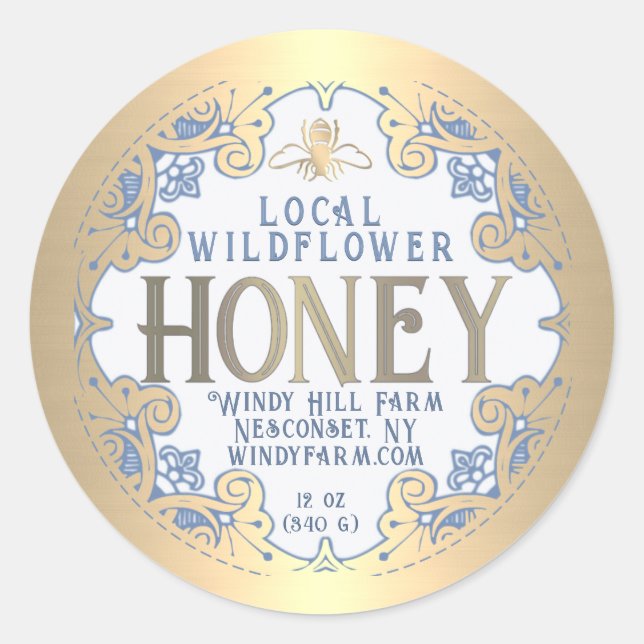 Ornate Gold Frame with Bee and Flowers Honey Label (Front)