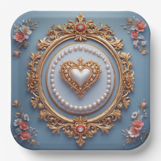 Ornate Gold Frame With Heart Gem Paper Plates (Front)