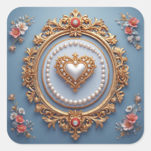 Ornate Gold Frame With Heart Gem Square Sticker