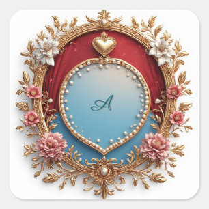 Ornate Gold Frame With Heart Gem Square Sticker