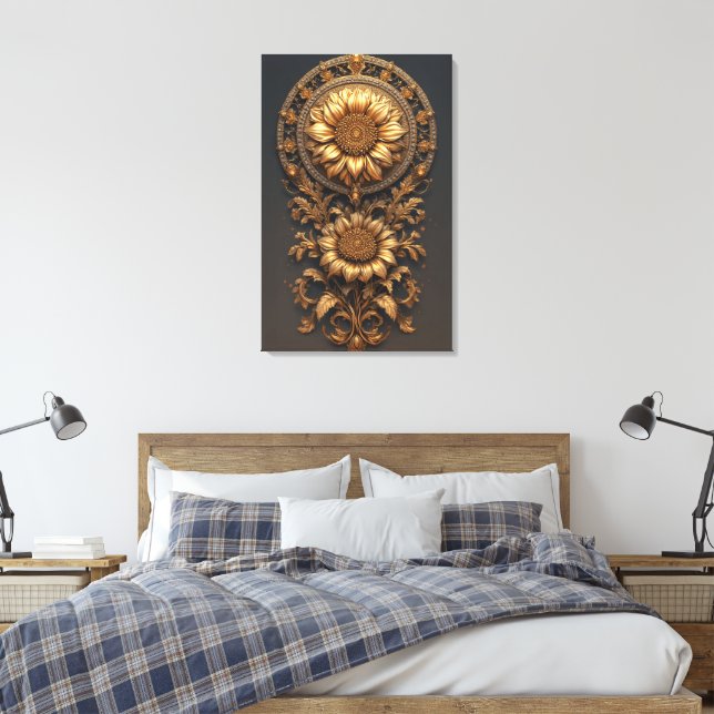 Ornate Gold Frame With Large Metallic Flower Medal Canvas Print (Insitu(Bedroom))