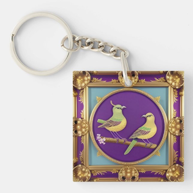 🕊️ Ornate Gold Frame With Two Birds For Love Gift Keychain (Front)