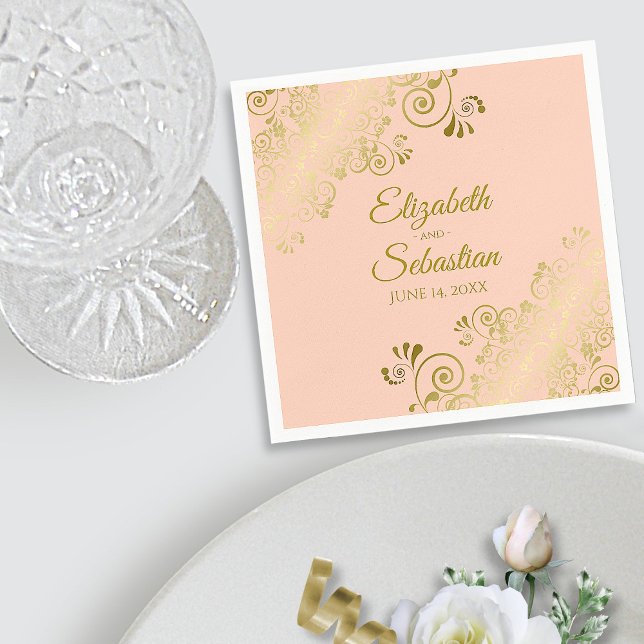 Ornate Gold Frills Elegant Coral Peach Wedding Napkins (In Situ with Plate)