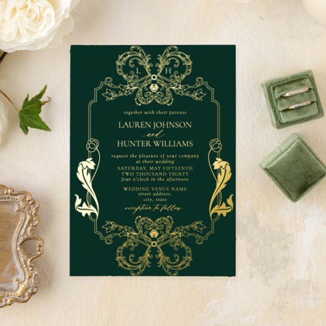Ornate Gold Green Floral Line Art Monogram Wedding Foil Invitation (Creator Uploaded)