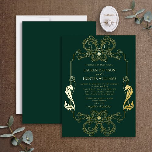 Ornate Gold Green Floral Line Art Monogram Wedding Foil Invitation