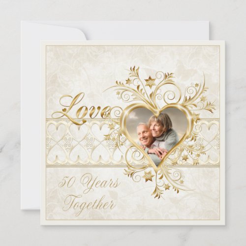 Ornate Gold Hearts Swirls Photo 50th Wedding Invitation