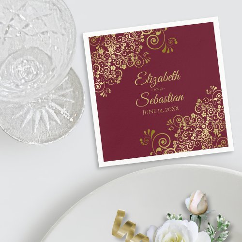 Ornate Gold Lace Elegant Maroon Burgundy Wedding Napkins