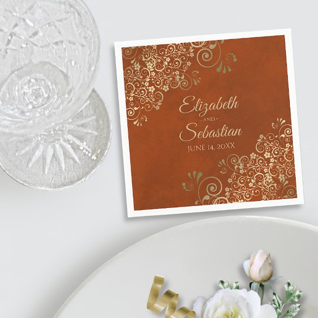 Ornate Gold Lace Elegant Rust Orange Wedding Napkins (In Situ with Plate)