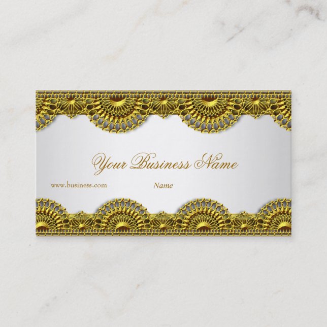 Ornate Gold Lace White Elegant Classy Business Card (Front)