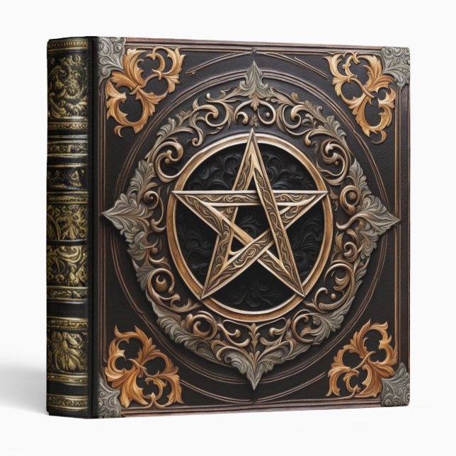 Ornate Gold Leaf Pentacle Faux Leather Fantasy 3 Ring Binder (Front/Spine)