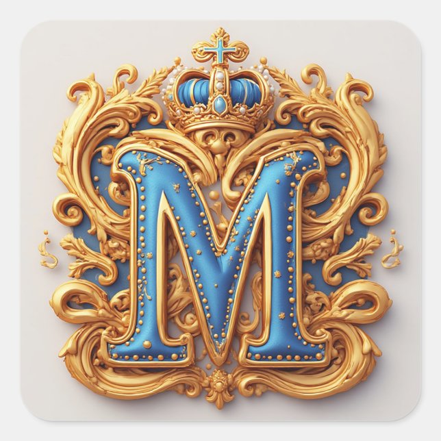 Ornate Gold Letter M With Crown Frame Design Square Sticker (Front)