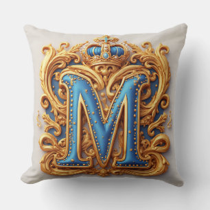Ornate Gold Letter M With Crown Frame Design Throw Pillow