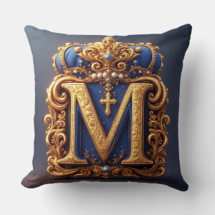 Ornate Gold Letter M With Crown Frame Design Throw Pillow