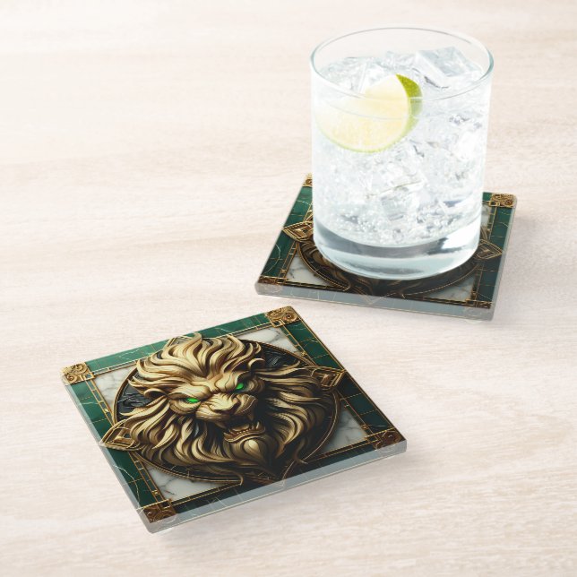Ornate Gold Lion with Regal Detailing Glass Coaster (Angled)