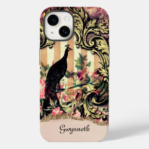 Ornate Gold Mauve and Black Peacock with Name Case-Mate iPhone 14 Case