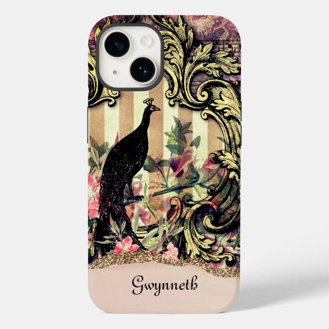 Ornate Gold Mauve and Black Peacock with Name Case-Mate iPhone Case (Back)