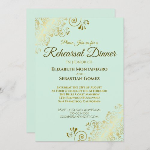 Ornate Gold  Mint Green Wedding Rehearsal Dinner Invitation