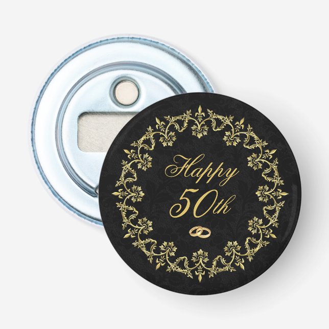Ornate Gold on Black 50th Wedding Anniversary Bottle Opener (Front)