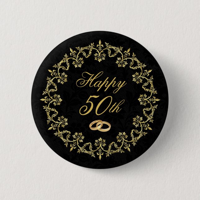 Ornate Gold on Black 50th Wedding Anniversary Button (Front)