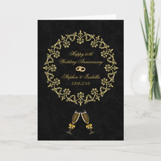 Ornate Gold on Black 50th Wedding Anniversary Card (Front)