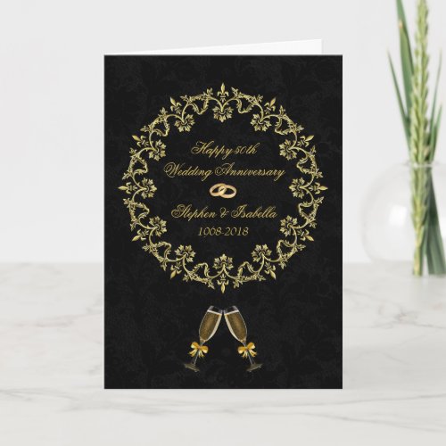 Ornate Gold on Black 50th Wedding Anniversary Card