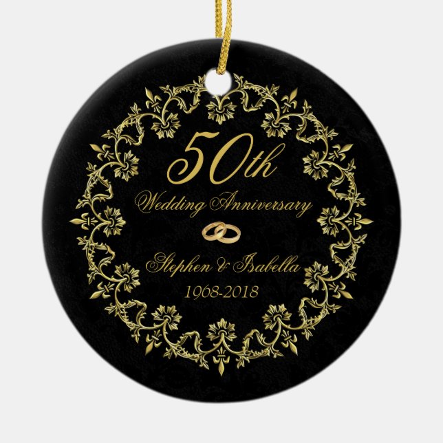 Ornate Gold on Black 50th Wedding Anniversary Ceramic Ornament (Front)