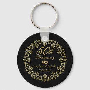 Ornate Gold on Black 50th Wedding Anniversary Keychain
