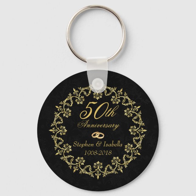 Ornate Gold on Black 50th Wedding Anniversary Keychain (Front)